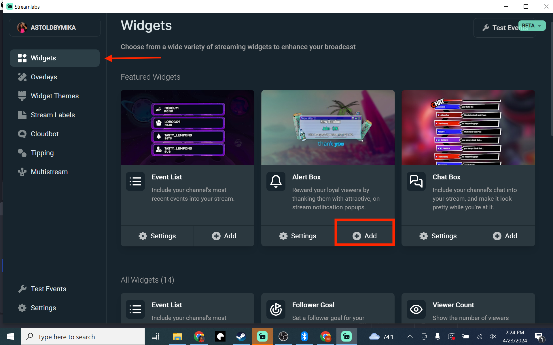Widgets tab in the plugin for OBS Studio